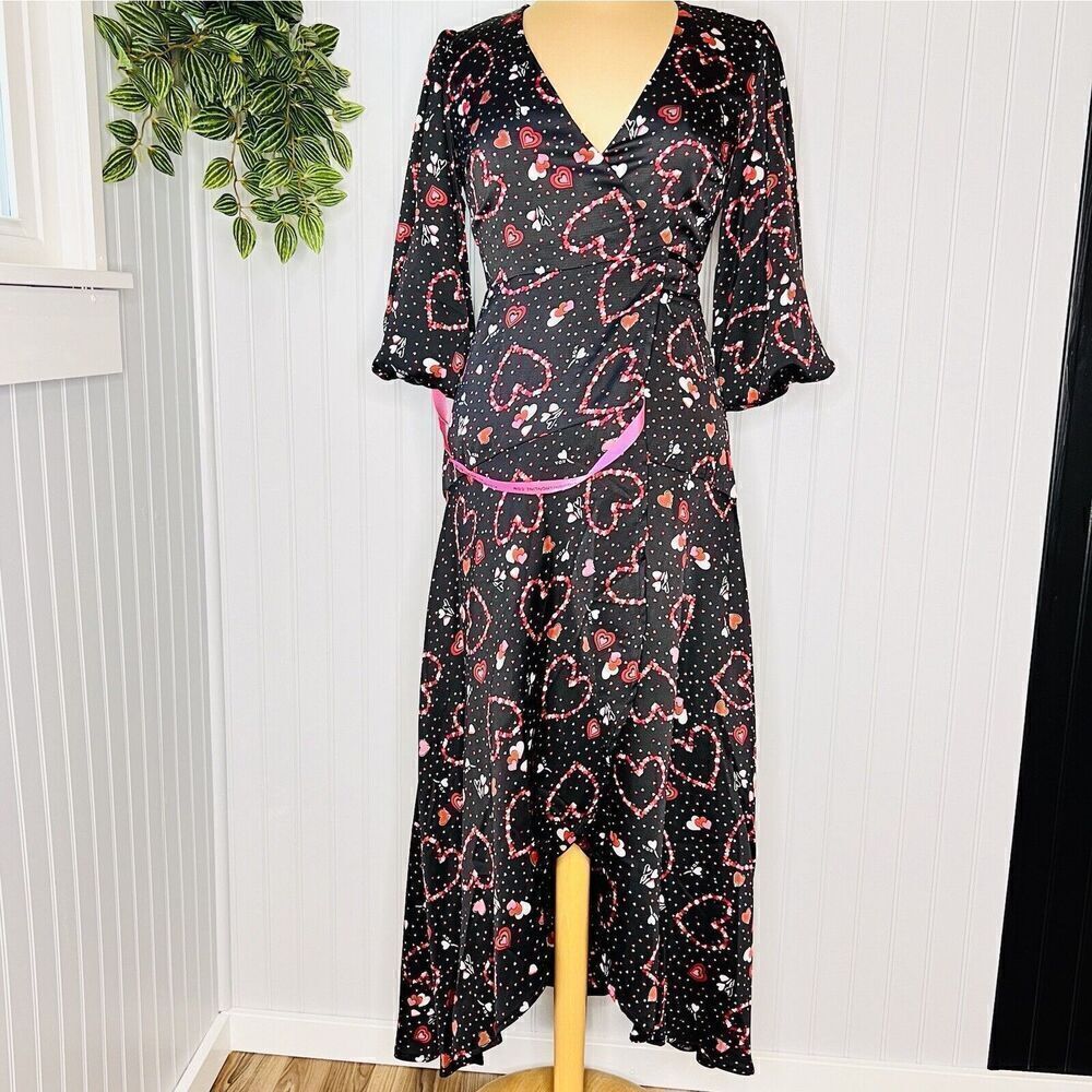 Liquorish London by ASOS Sz 6 Wrap Dress Heart Pattern Black Pink Red
